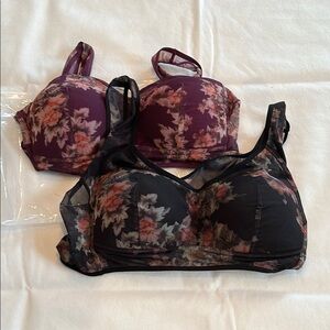Set of 2 Floral Print Bras Black / Burgundy 38 B-C